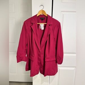 Lane Bryant Burgundy Button Front Ladies Blazer - Size 22P Career Rouched Sleeve